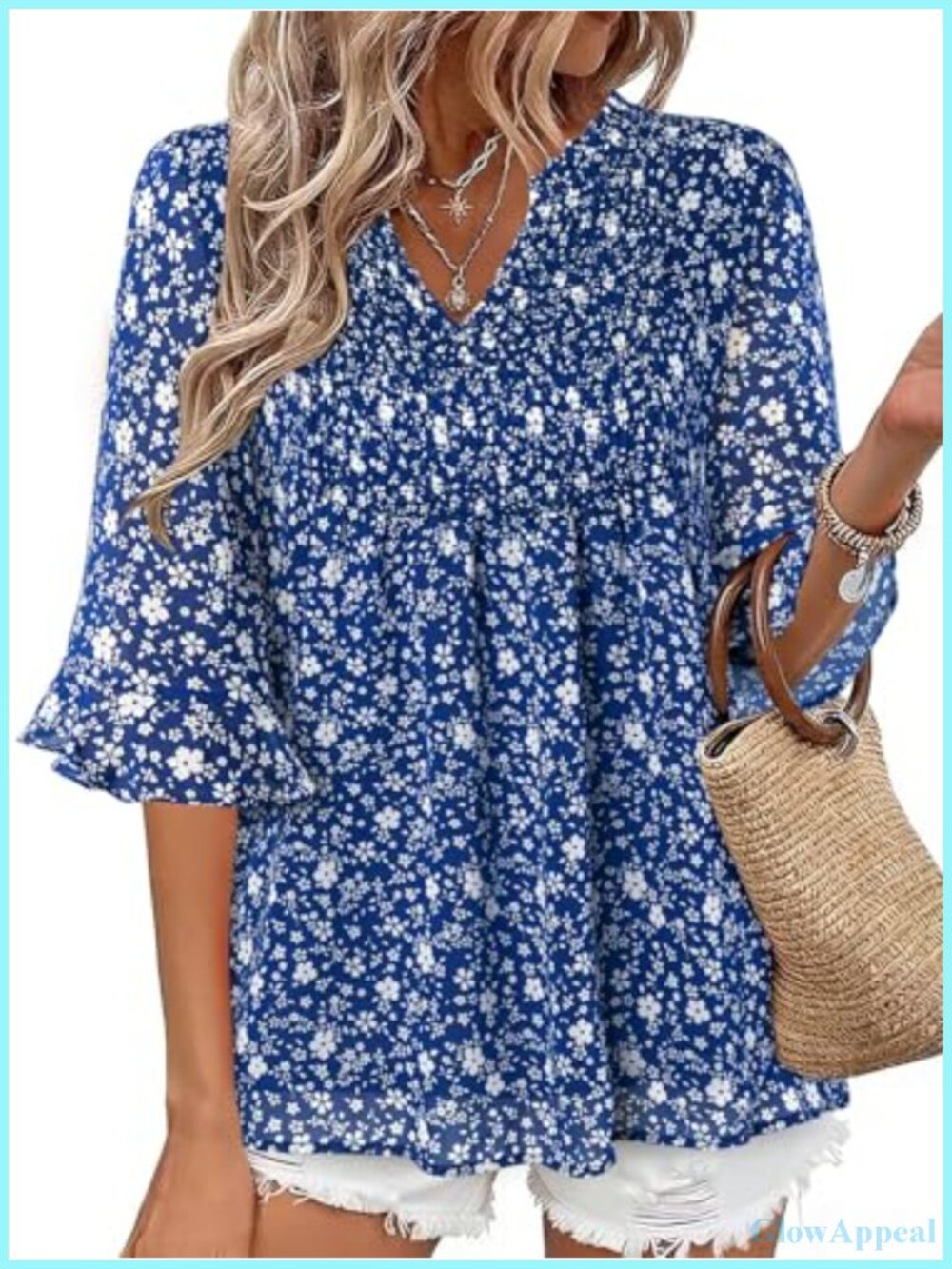 Chiffon V Neck Ruffle Balloon Sleeve Tunic Blouse Flowy Layered Top